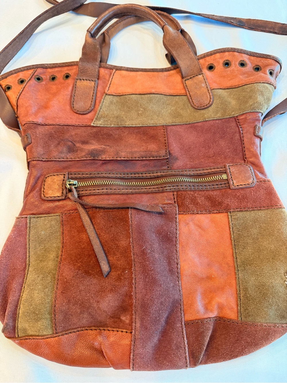 Vintage Lucky Brand Patchwork Suede & Leather Dual Handle Tote in Earth Shades - Picture 5 of 11